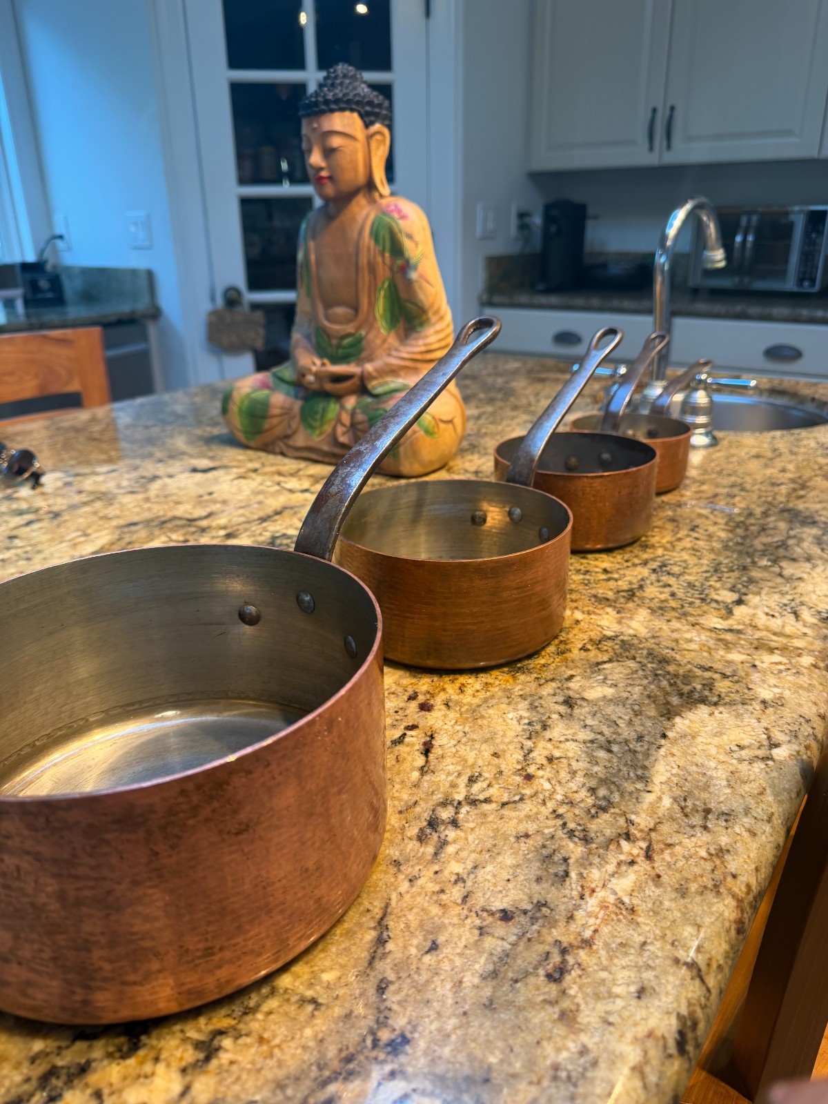 Vintage French Copper Saucepan Set 4pc Heavy Tin Lined Nesting Pots Vintage French Copper Saucepan Set 4pc Heavy Tin Lined Nesting Pots