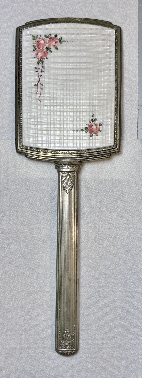 VTG Hand Held Vanity Mirror Flowers French Guilloche Enamel & Silver Plate 13” VTG Hand Held Vanity Mirror Flowers French Guilloche Enamel & Silver Plate 13”