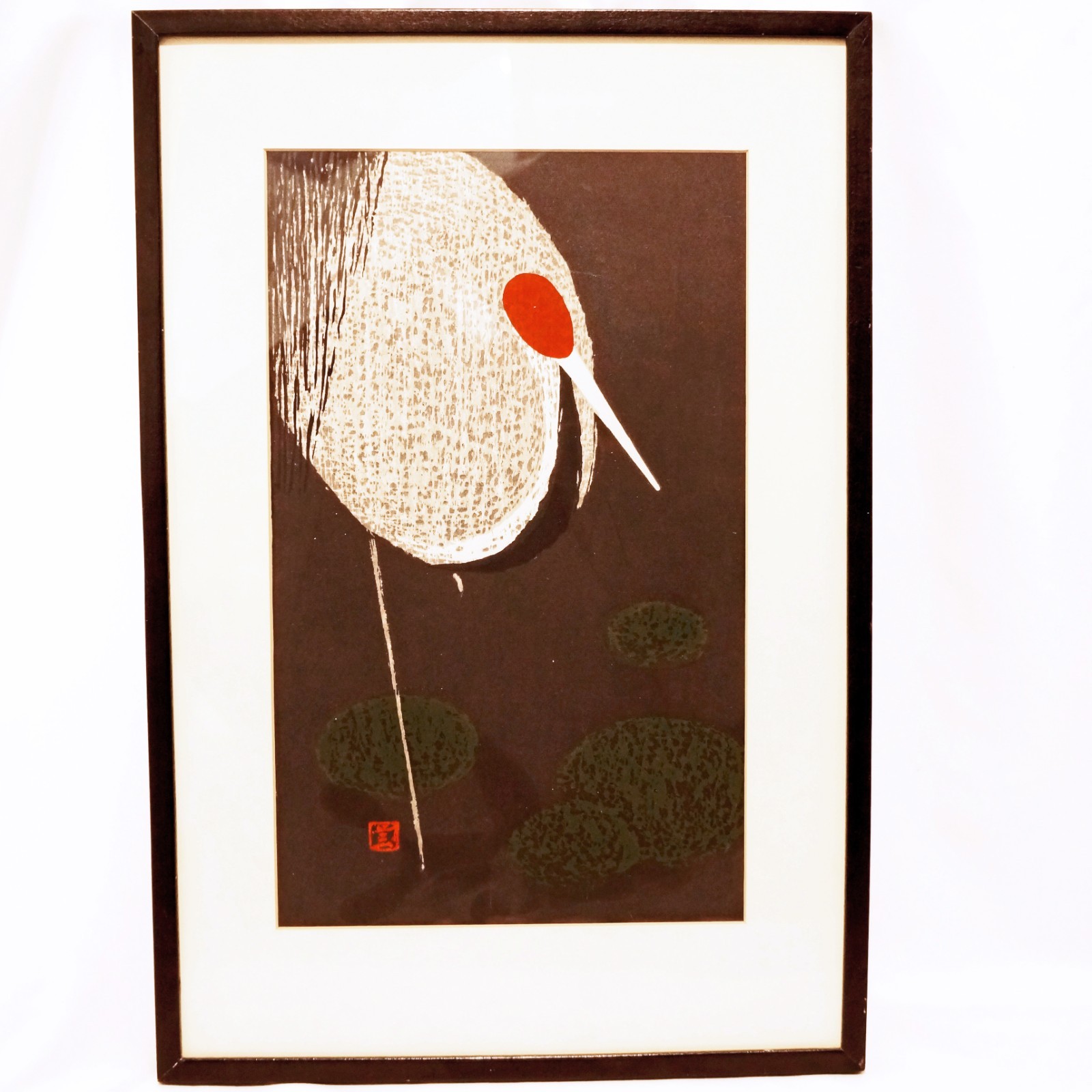 Mid Century Japanese Print of Emperor Crane Sacred Lake KAWANO KAORU c.1950