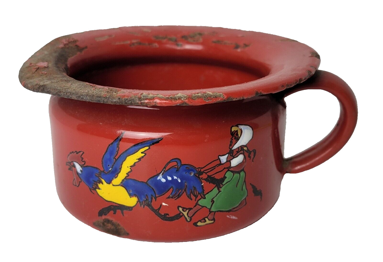 Vintage Red Enamel Metal Chamber Pot with Rooster and Woman