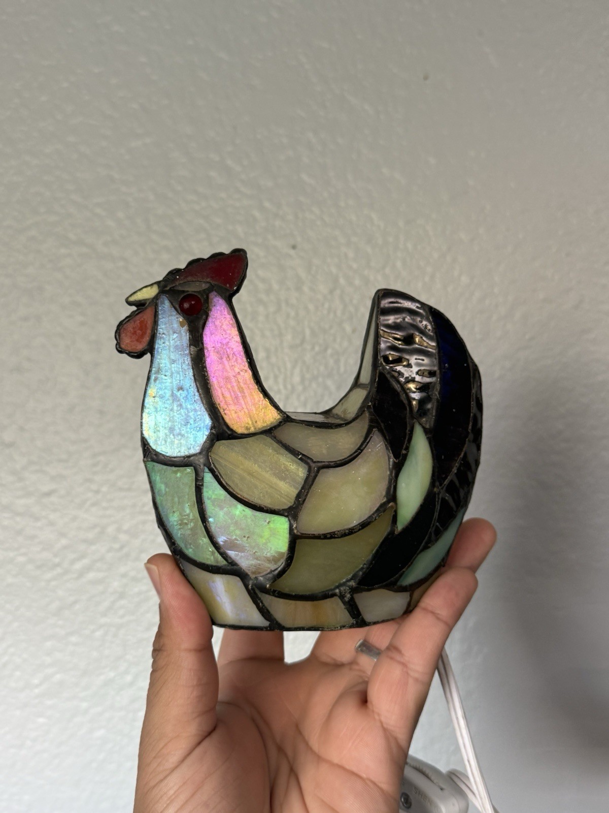 Vintage Stained Glass Rooster Chicken Night Light Lamp Iridescent Multicolor