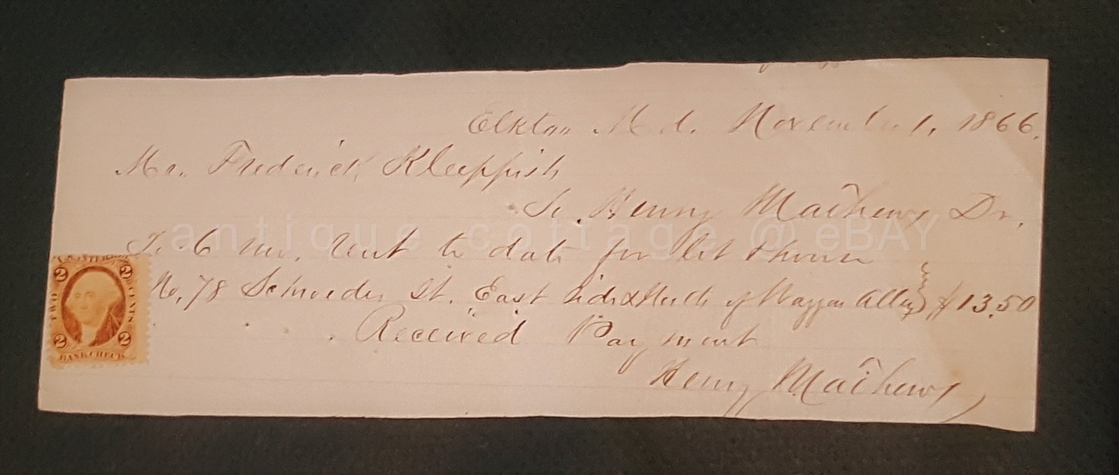 1866 antique FREDERICK KLEPPISCH baltimore md RECEIPT REVENUE STAMP mathews