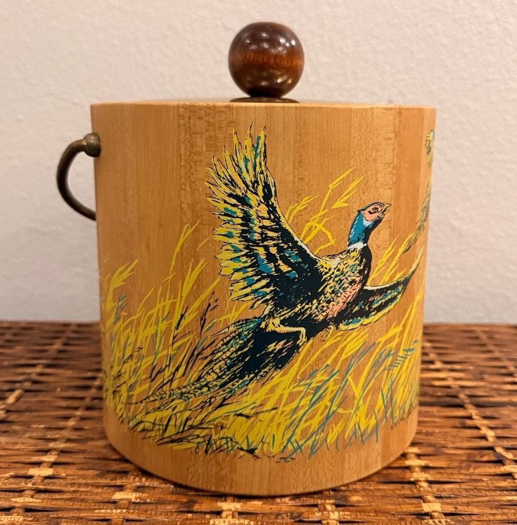 Vintage Kraftware Pheasant Ice Bucket 7.5x7.5 Mid Century Faux Woodgrain