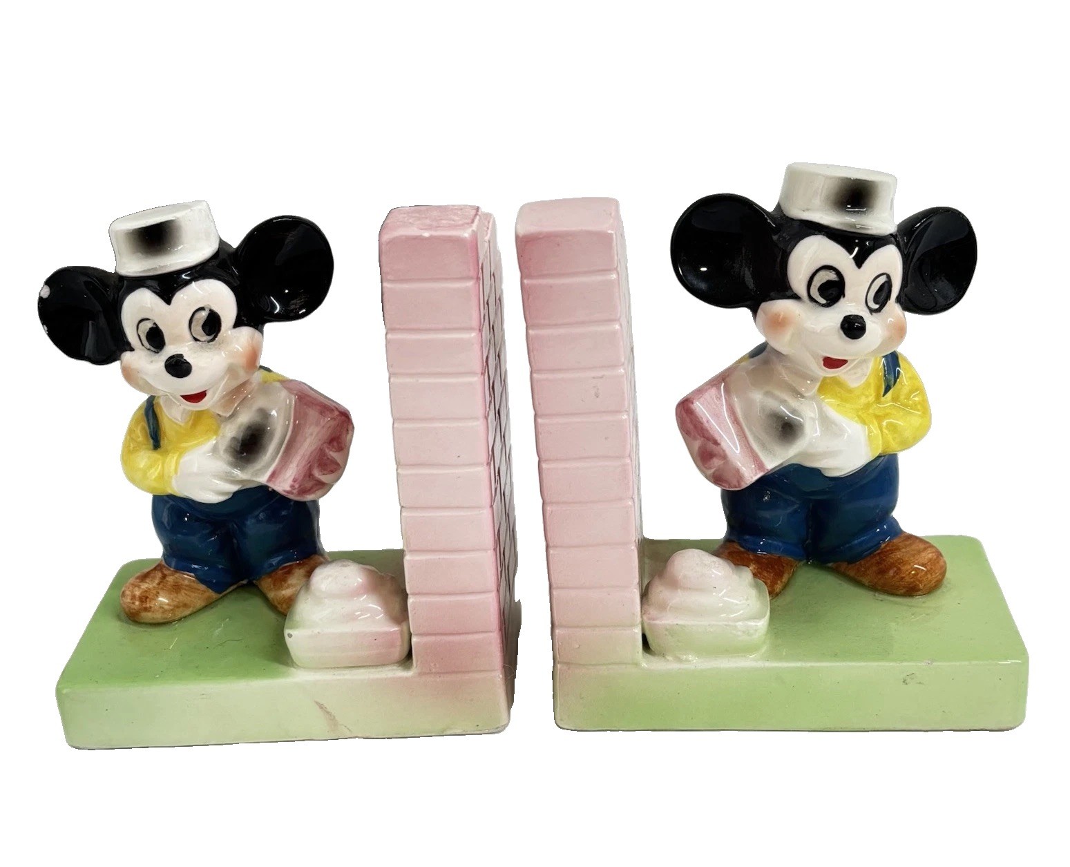 Old Vintage Walt Disney Mickey Mouse Bookends Bricklayer Japan WD19 Ceramic READ
