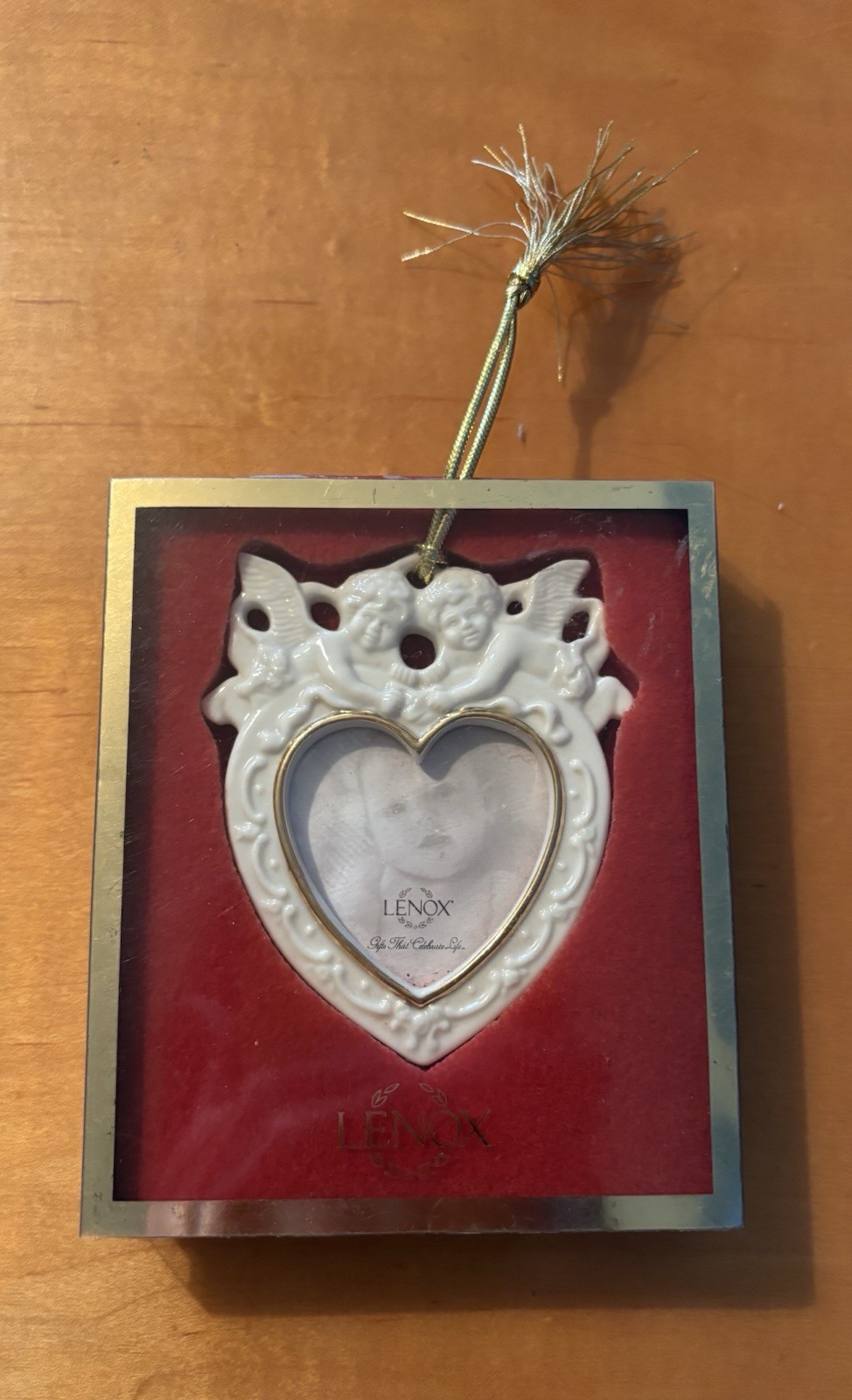 Vintage Lenox Cherub Heart Photo Frame Ornament 24K Gold Late 90s Early 2000s