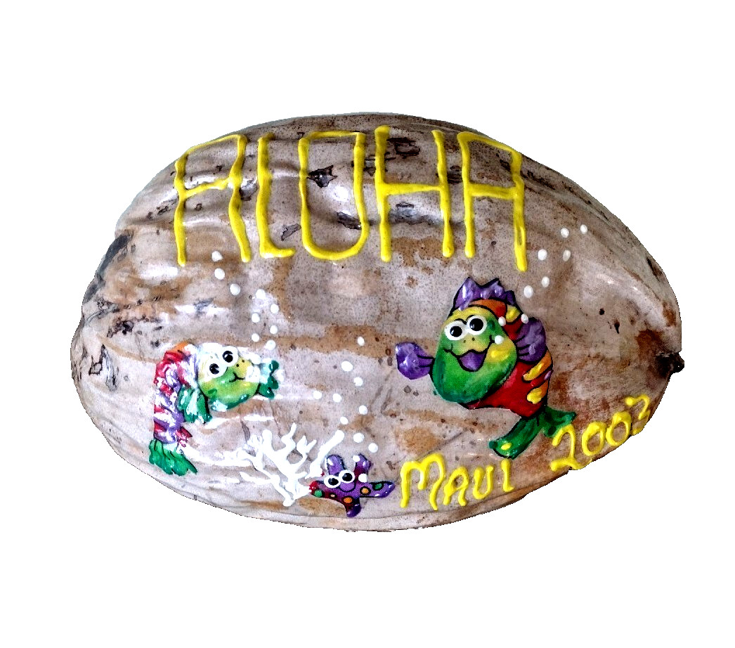 Vtg Hand Painted Coconut Maui Aloha Hawaii Souvenir Tropical Fish Folk Art 2003