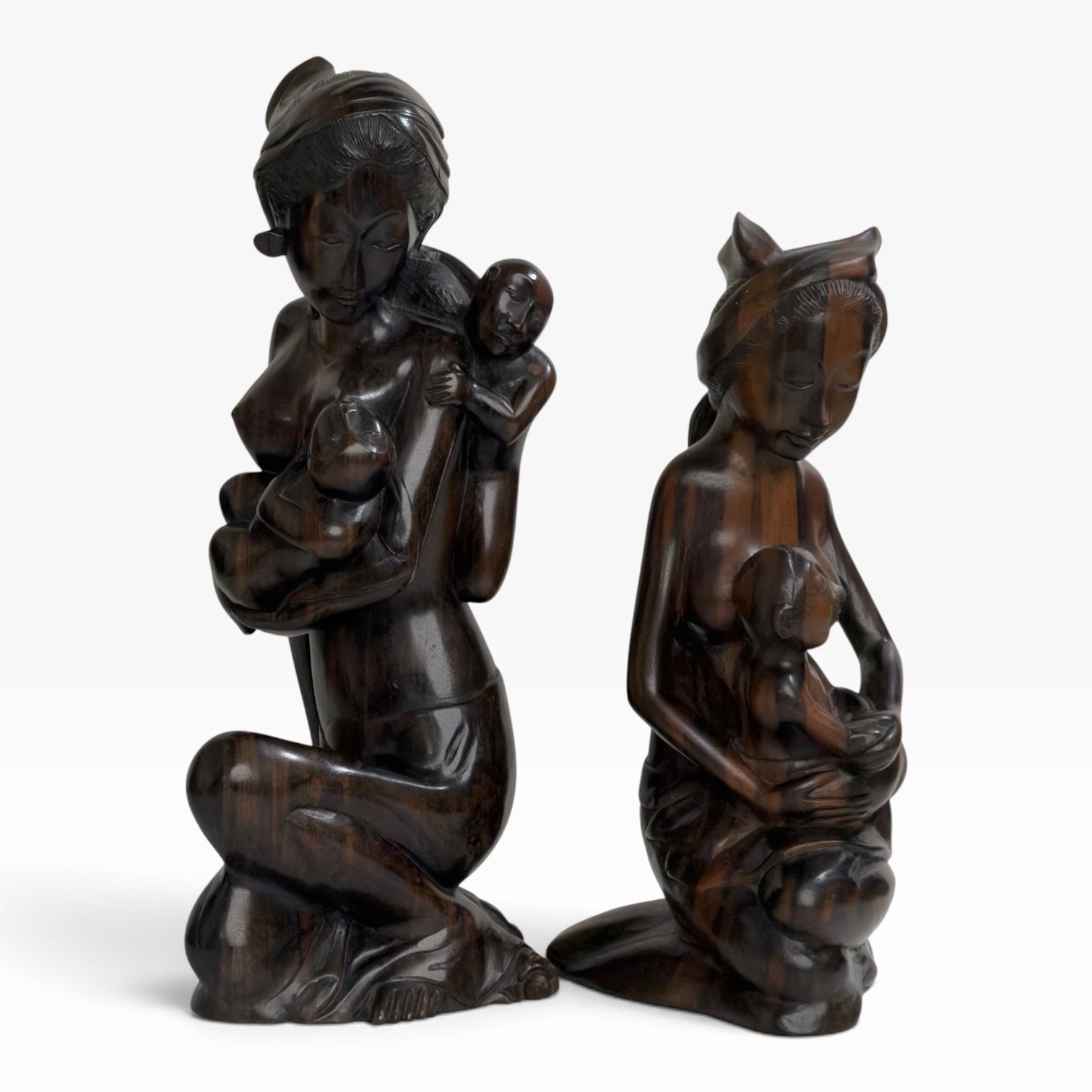 Vintage Bali Indonesia Hand Carved Hardwood Mother & Child Art Sculpture Pair
