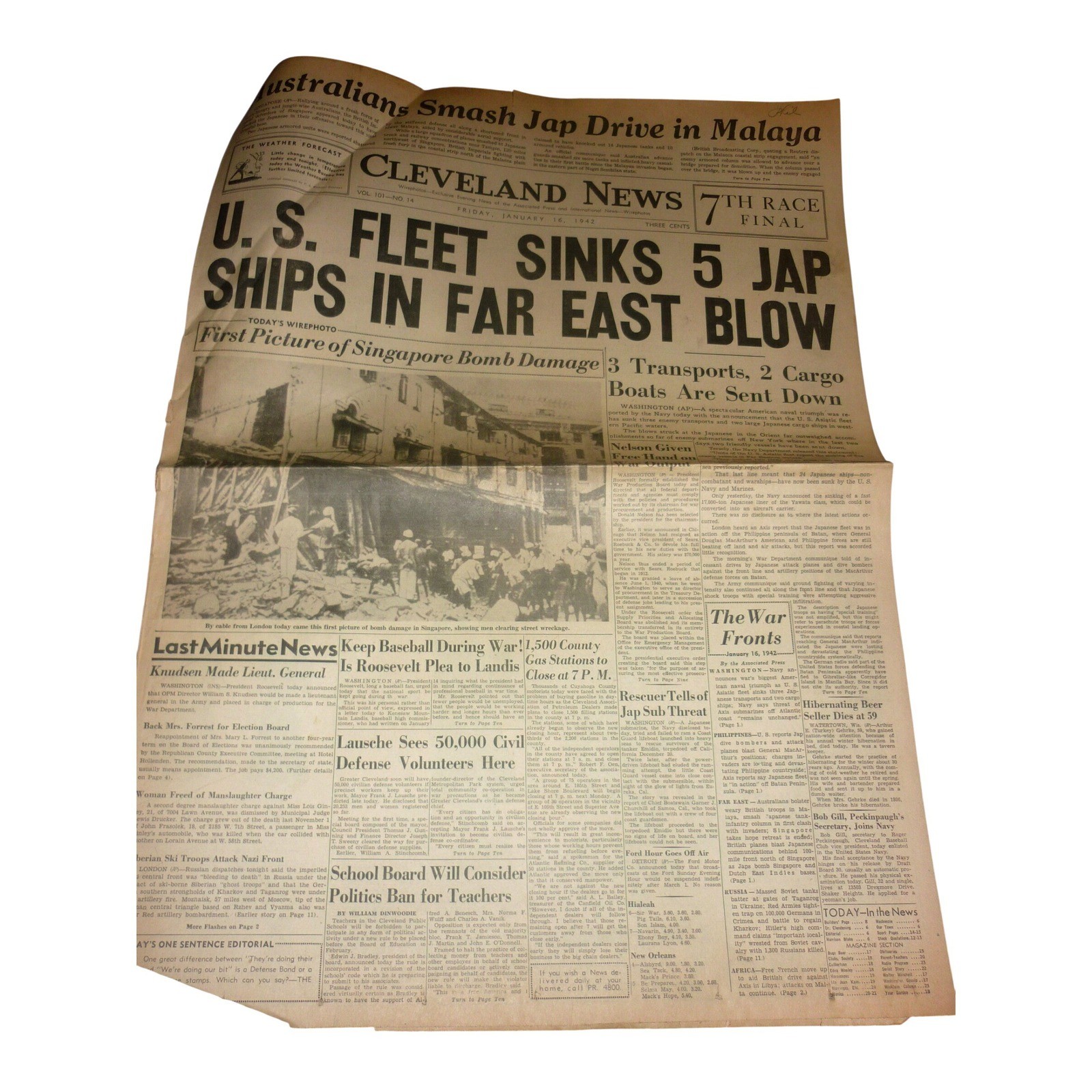 Vintage Jan 16 1942 Cleveland News Newspaper WWII Fleet Sinks 5 Ships Singapore Vintage Jan 16 1942 Cleveland News Newspaper WWII Fleet Sinks 5 Ships Singapore