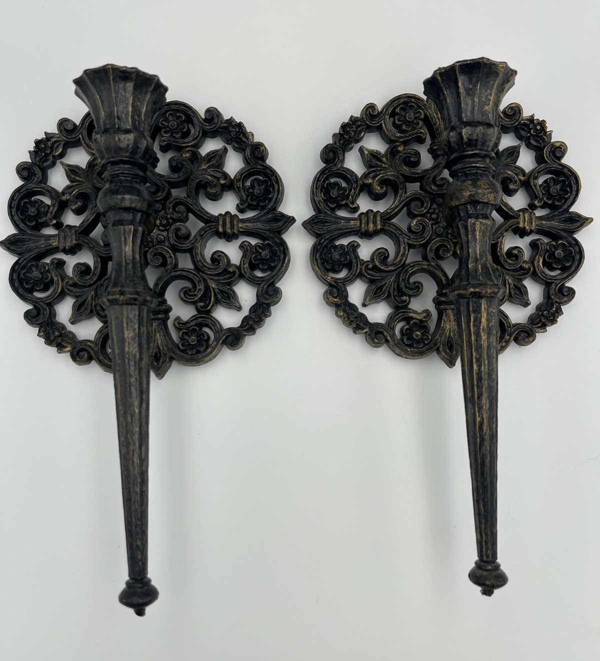 Vintage 1973 HOMCO #4143 Wall Sconces Pair Ornate Floral Candle Holders MCM