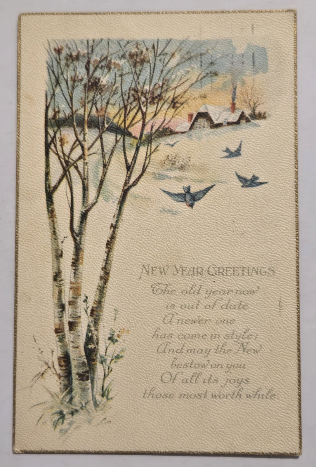 New Year Greetings Blue Birds Trees Cottage Vtg Used Postcard 017