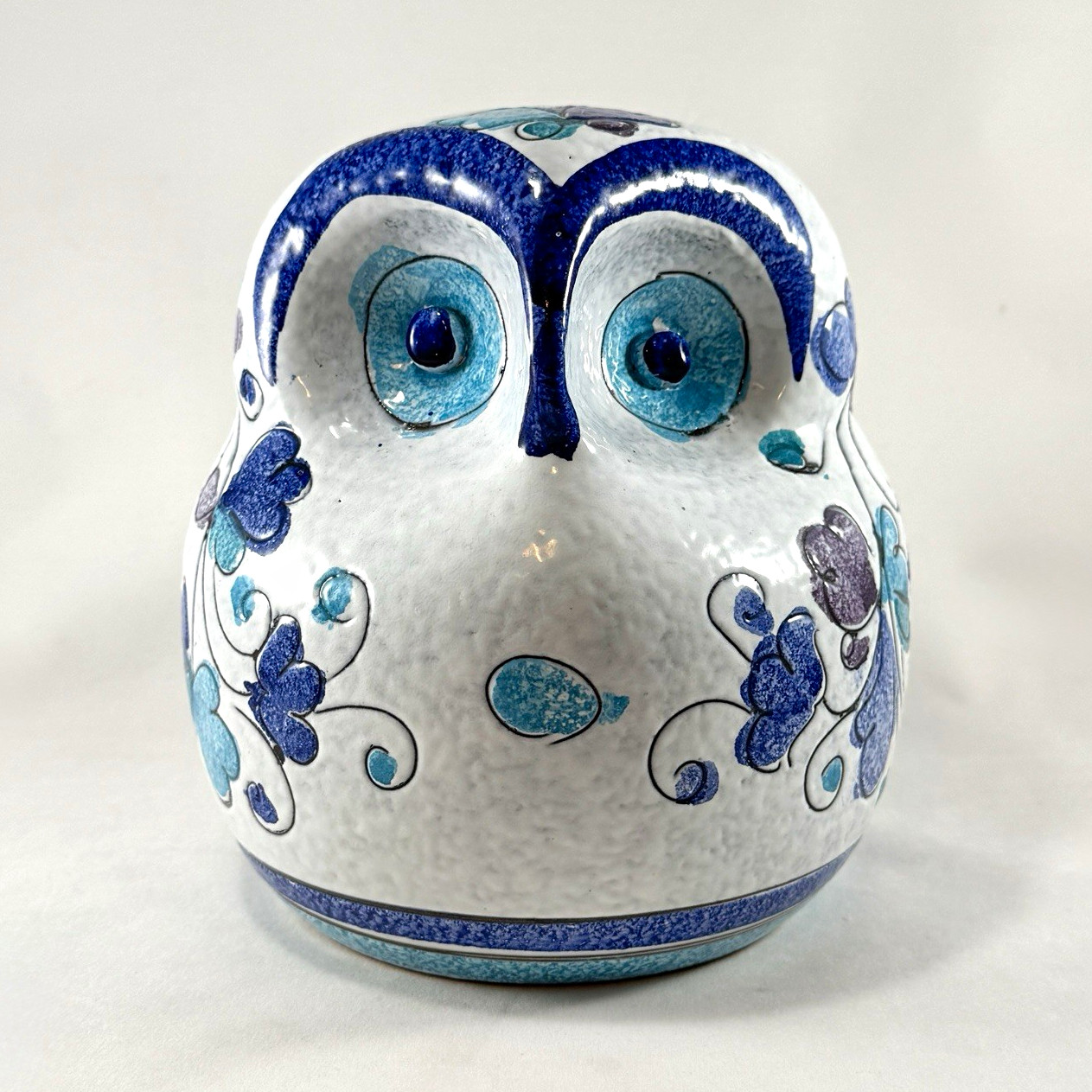 Vintage Italian Pottery Owl Bank Hand Painted Blue Floral Believed Bitossi MCM