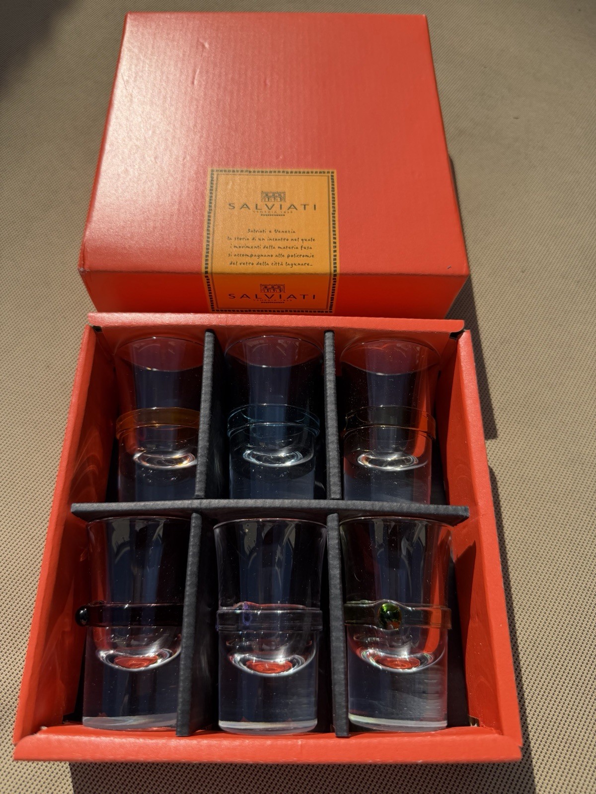 Murano Salviati Venezia Bottoncini Crystal Shot Glasses Set of 6 W/Original Box