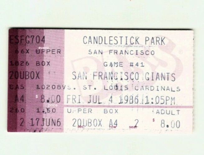 Vintage Friday July 4th 1986 San Francisco Giants Vs St. Louis Cardinals Ticket