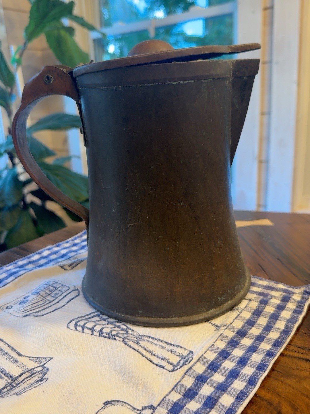 Antique Tinned Copper Lidded Liquid Measure Pitcher Riveted Handle 19th C Style