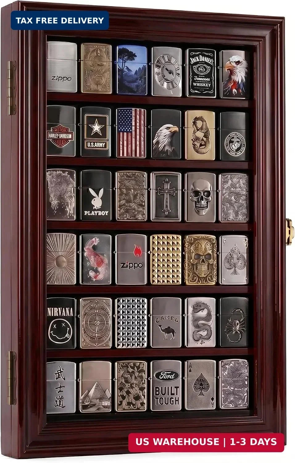 36 Lighter Display Case with Solid Pine, Finish Shadow Box for Zippo, Military, 36 Lighter Display Case with Solid Pine, Finish Shadow Box for Zippo, Military,