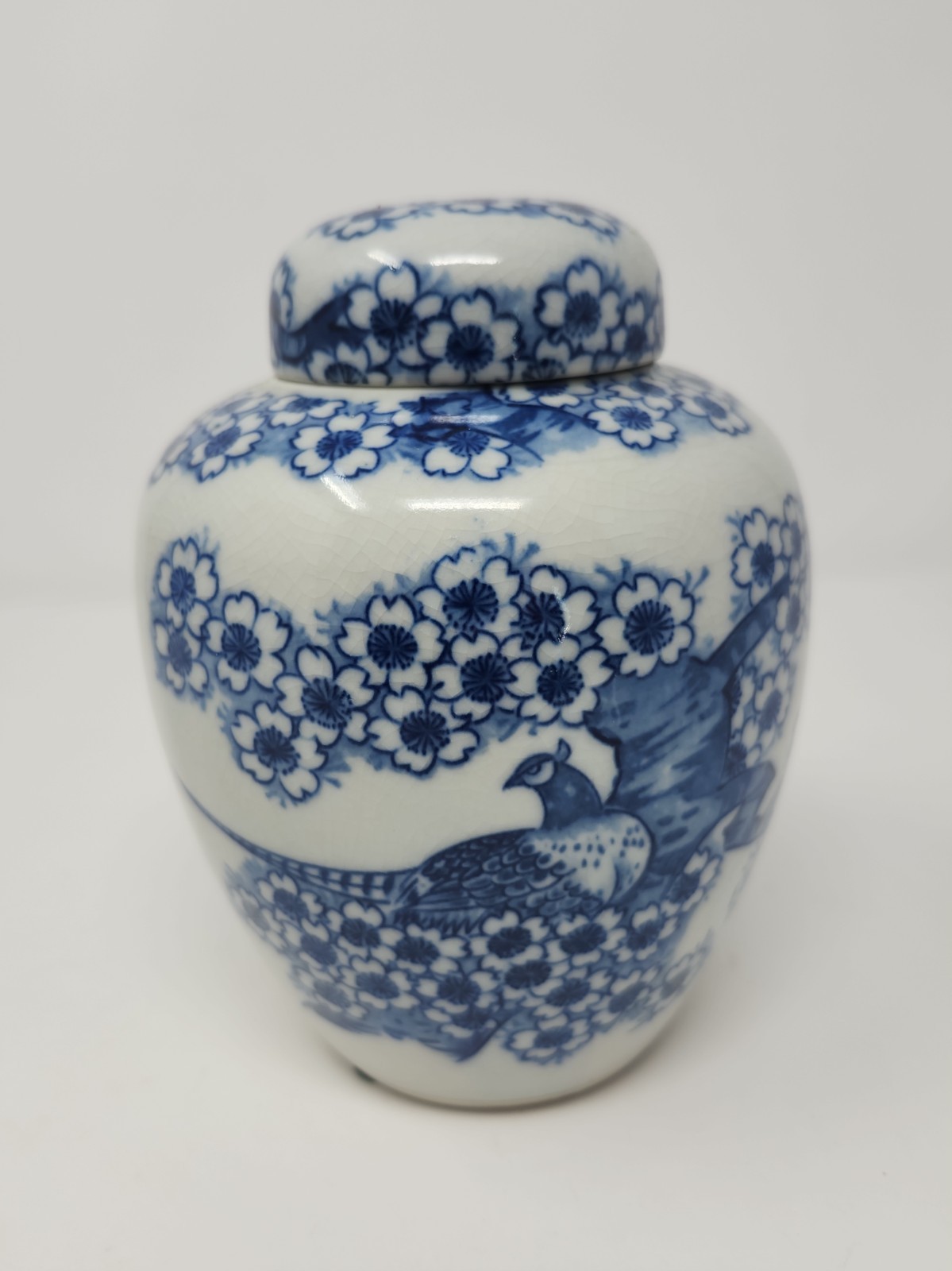Vintage Blue & White Chinoiserie Ginger Jar Peacock Porcelain Japan Sakura Vintage Blue & White Chinoiserie Ginger Jar Peacock Porcelain Japan Sakura