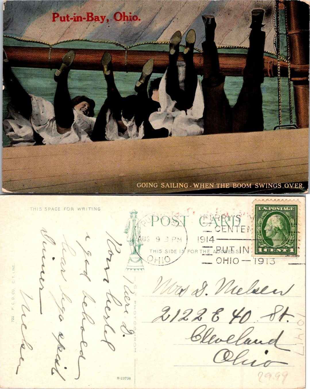 Put-in-Bay OH Going Sailing When the Boom swings over Funny 1913 Postcard 101417