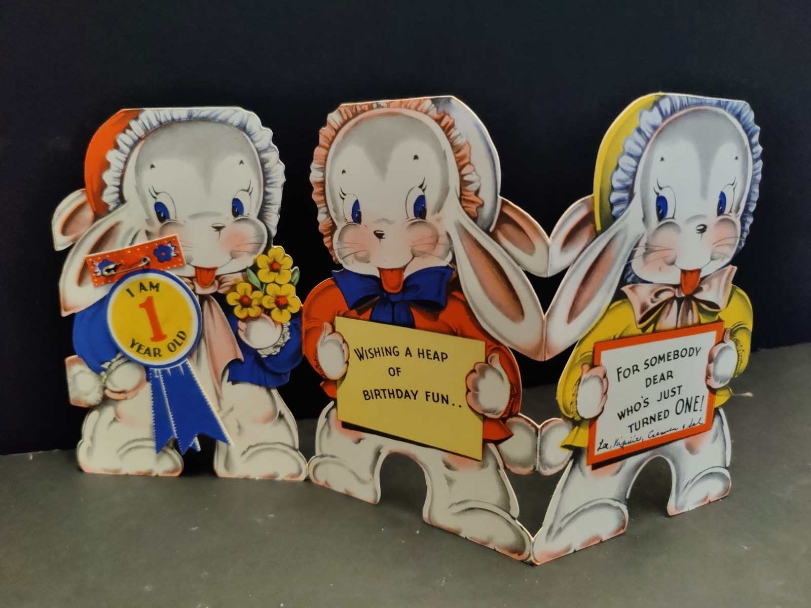 1942 Birthday Greeting Card -One Year Old -PIN BADGE -BUNNY First Bday -Tri-Fold 1942 Birthday Greeting Card -One Year Old -PIN BADGE -BUNNY First Bday -Tri-Fold