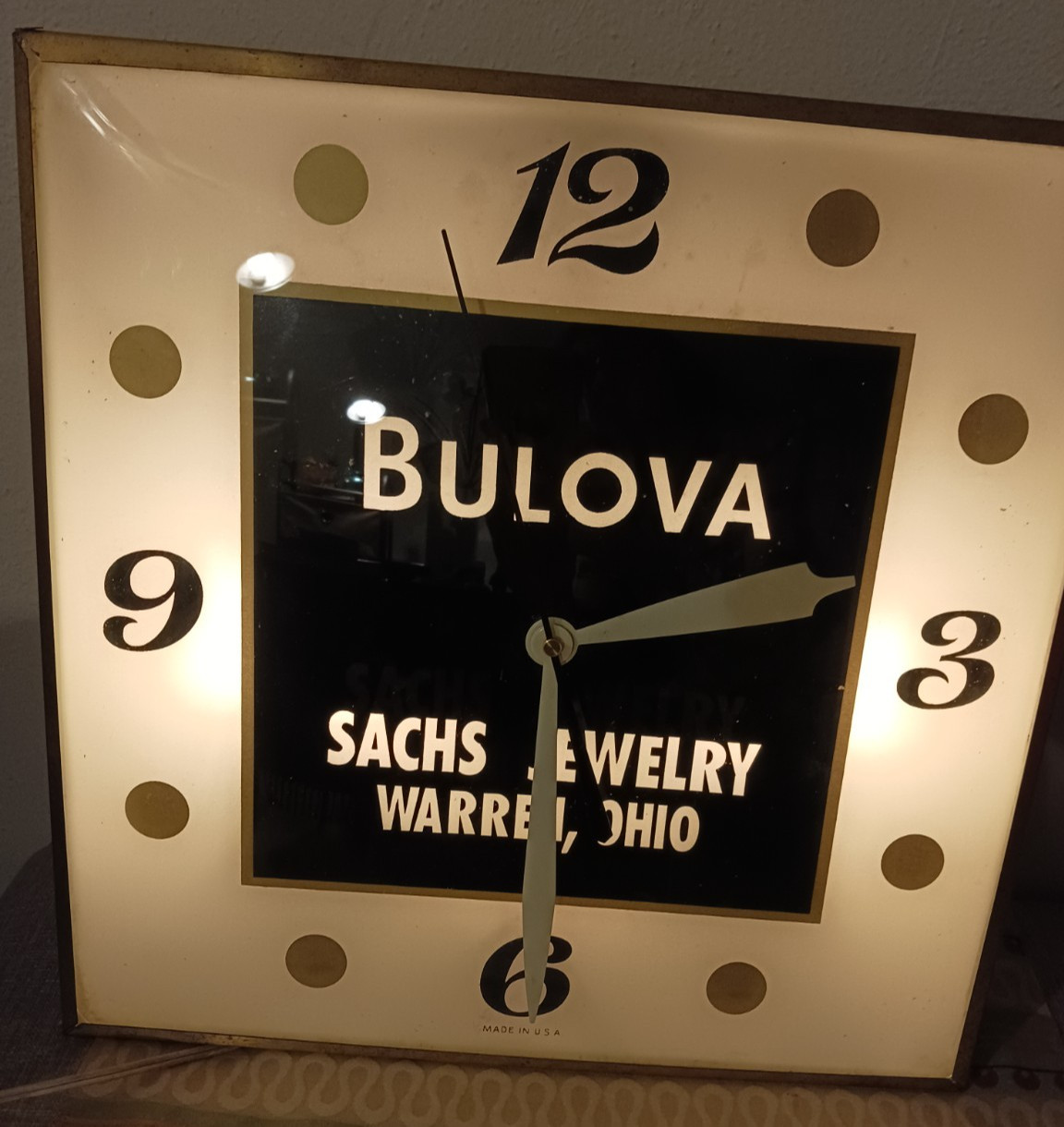 Vintage BULOVA Wall Clock Light Up Amber from Ohio Jewelry Store 1930's-Works Vintage BULOVA Wall Clock Light Up Amber from Ohio Jewelry Store 1930's-Works