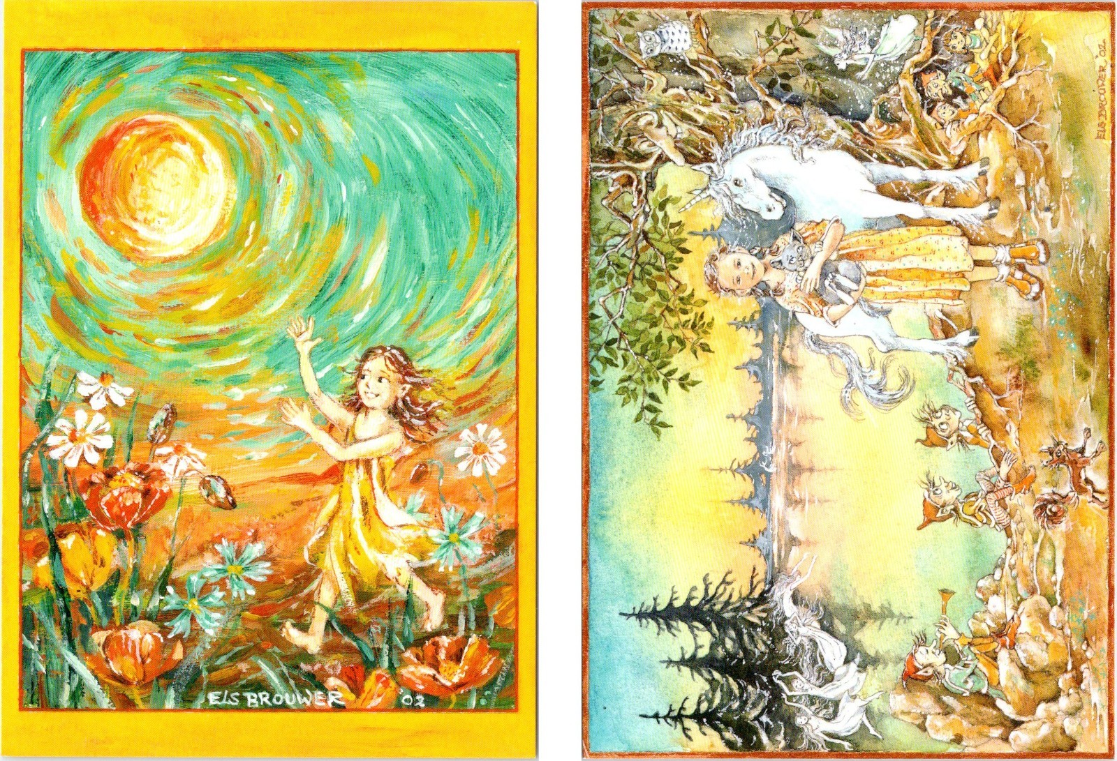 2~4X6 Art Postcards CHILD OF THE SUN & GIRL WITH UNICORN By Artist ELS BROUWER