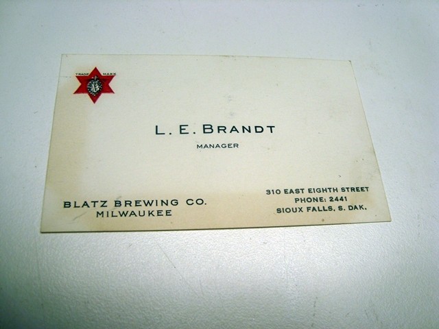 Circa 1939 Blatz Business Card for L. E. Brandt, Milwaukee, Wisconsin