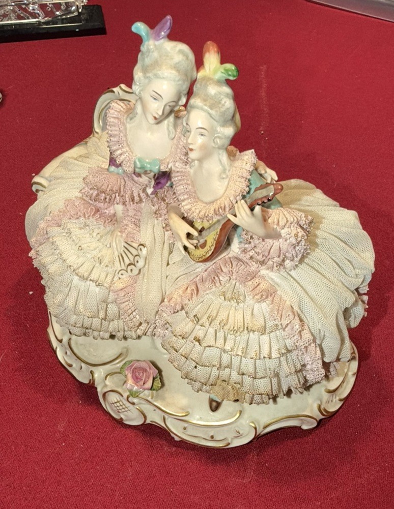 Vintage Germany Dresden Style Porcelain Lace 2 Ladies Musical Group Figurine