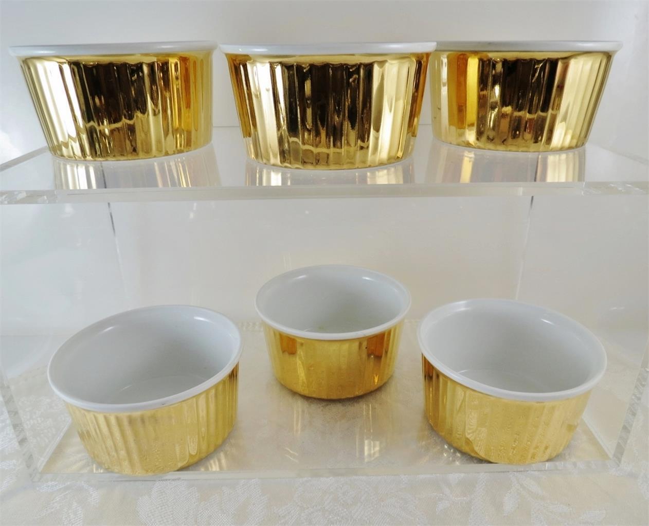 Royal Worcester GOLD LUSTRE Porcelain Ramekins Custard Cups RARE Boxed Set of 6