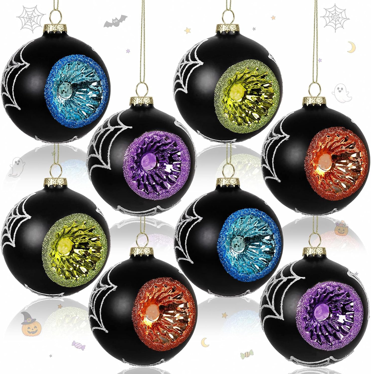 8Pcs Vintage Halloween Glass Ornaments Reflector Spider Web Black 3.15\
