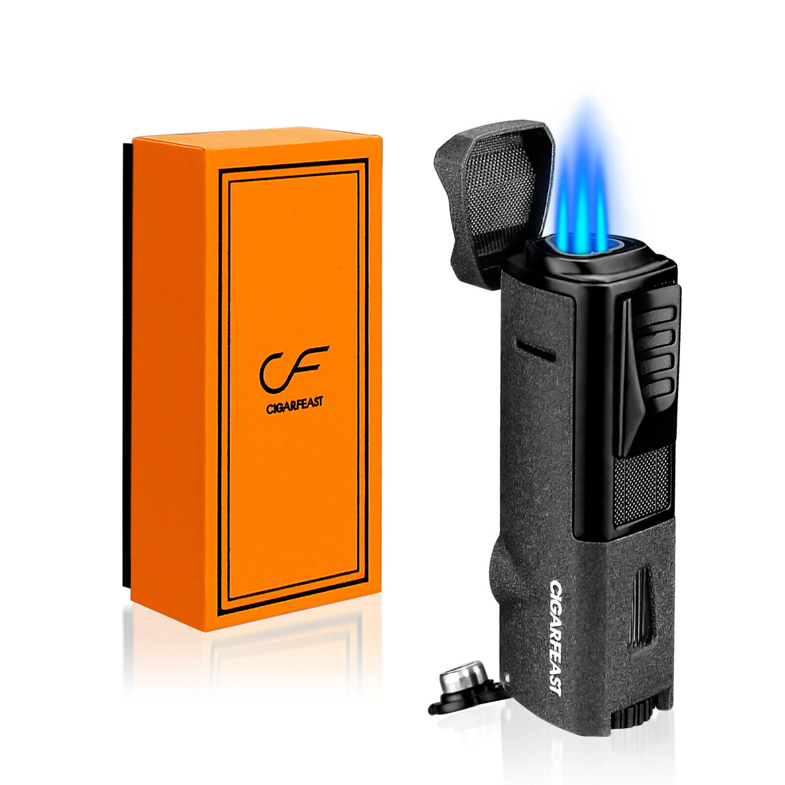 Triple Jet Flame Butane Cigar Torch Lighter with Punch Stand Refillable Windproo