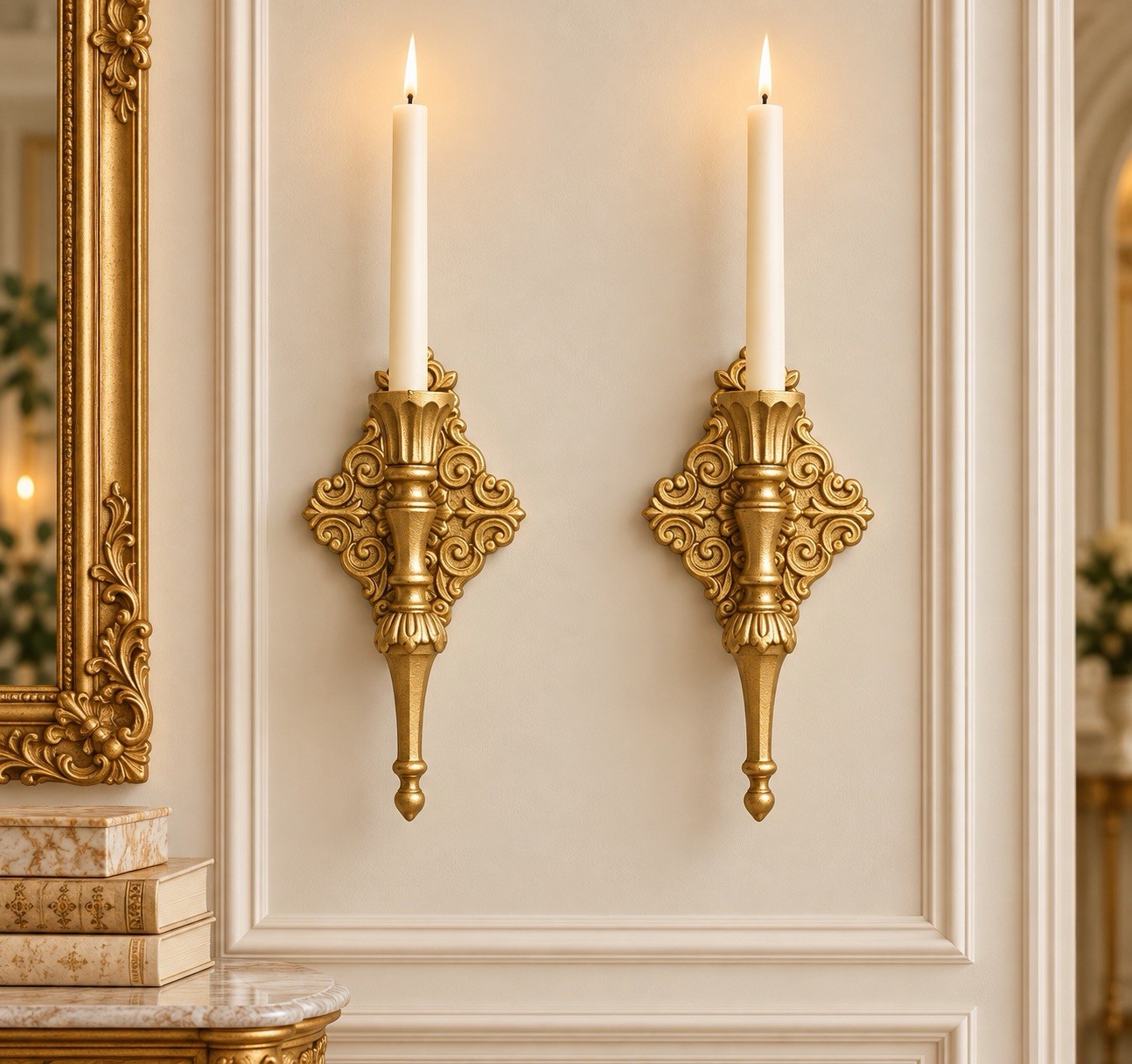 TWO Vintage Gold Iron Taper Candle Wall Sconces Holder Hollywood Regency 10.5” TWO Vintage Gold Iron Taper Candle Wall Sconces Holder Hollywood Regency 10.5”