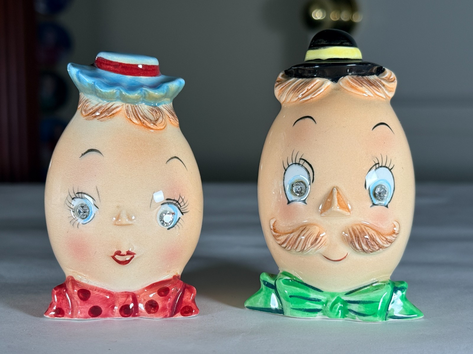 Vintage PY Miyao Japan Mr and Mrs Egg Head Salt & Pepper Shakers Rhinestone Eyes Vintage PY Miyao Japan Mr and Mrs Egg Head Salt & Pepper Shakers Rhinestone Eyes