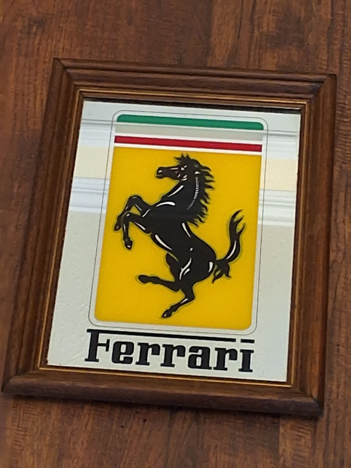 Vintage FERRARI LOGO WALL MIRROR in Wood Frame 11x14” Collectible 1979 T13 Vintage FERRARI LOGO WALL MIRROR in Wood Frame 11x14” Collectible 1979 T13