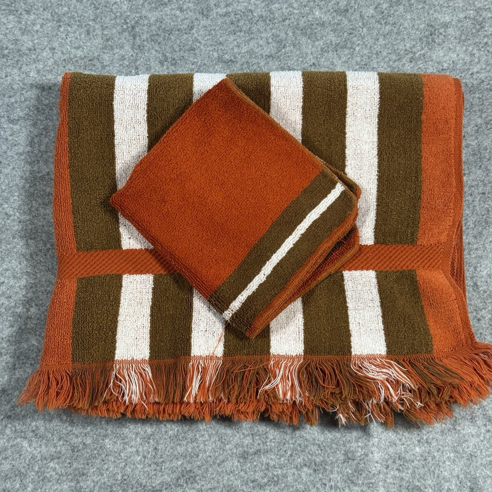 Vintage Sears 70s Striped Brown, White & Orange Fringe Bath Towel Washcloth Set