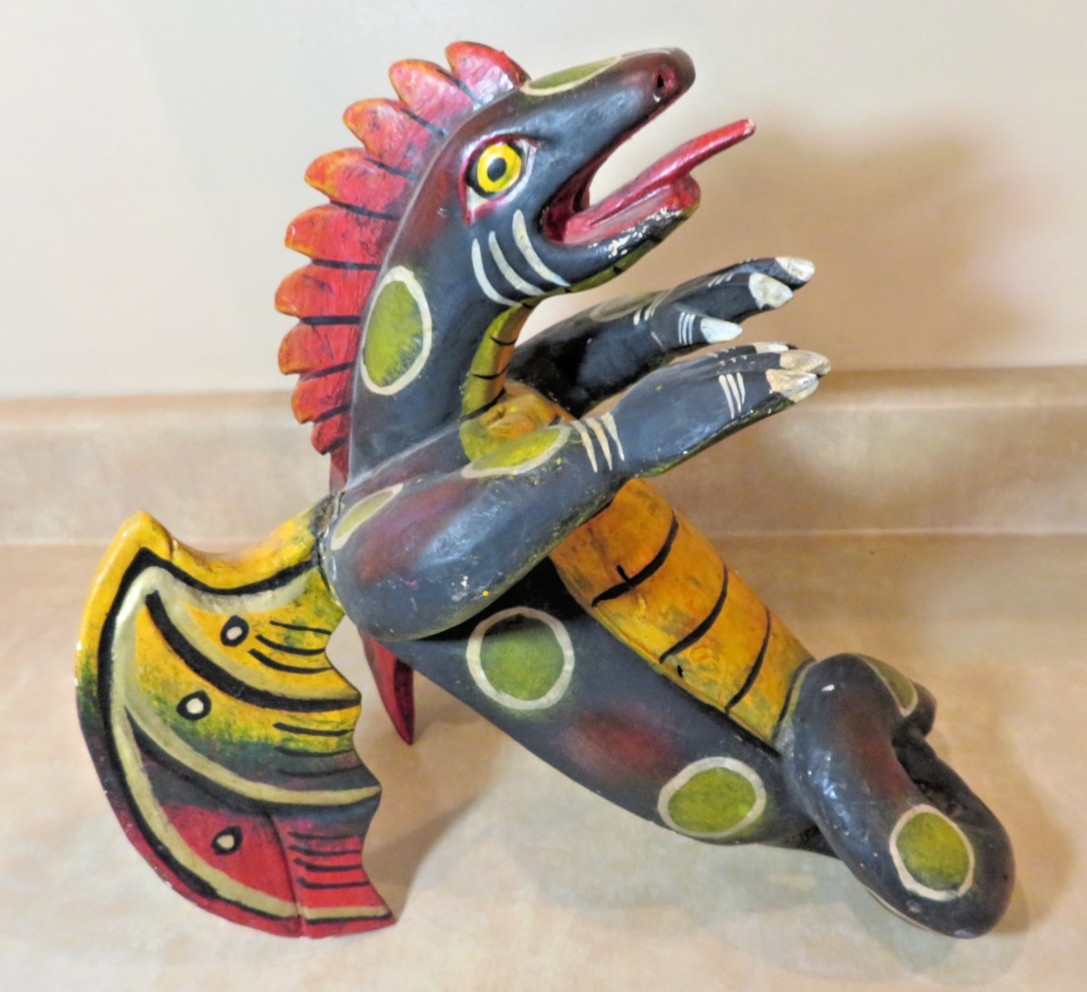 Vintage Wooden hand carved, painted Multicolor Folk Art Dragon Exotic Mexican?