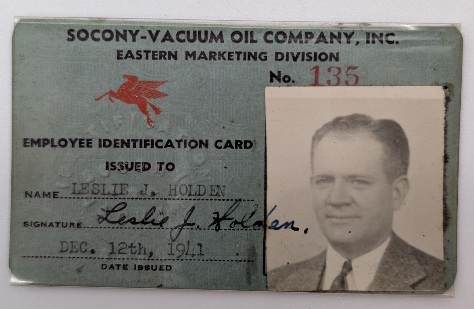 1941 Socony-Vacuum Oil Company Employee Photo ID Card Mobil Marketing Division