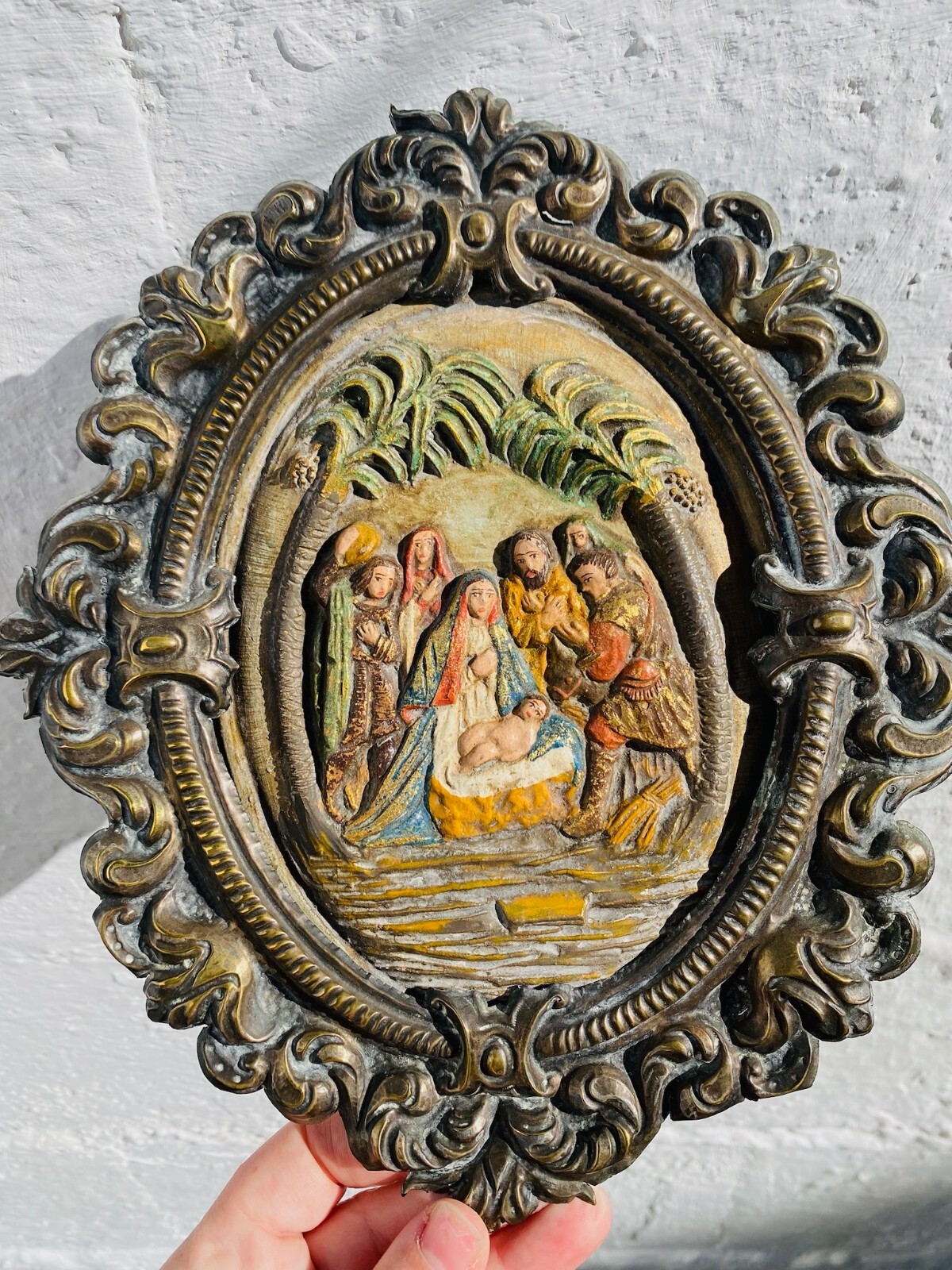 Antique XIX 19th C Repoussé Frame, Nativity Scene Christmas Jesus, Sacred Art