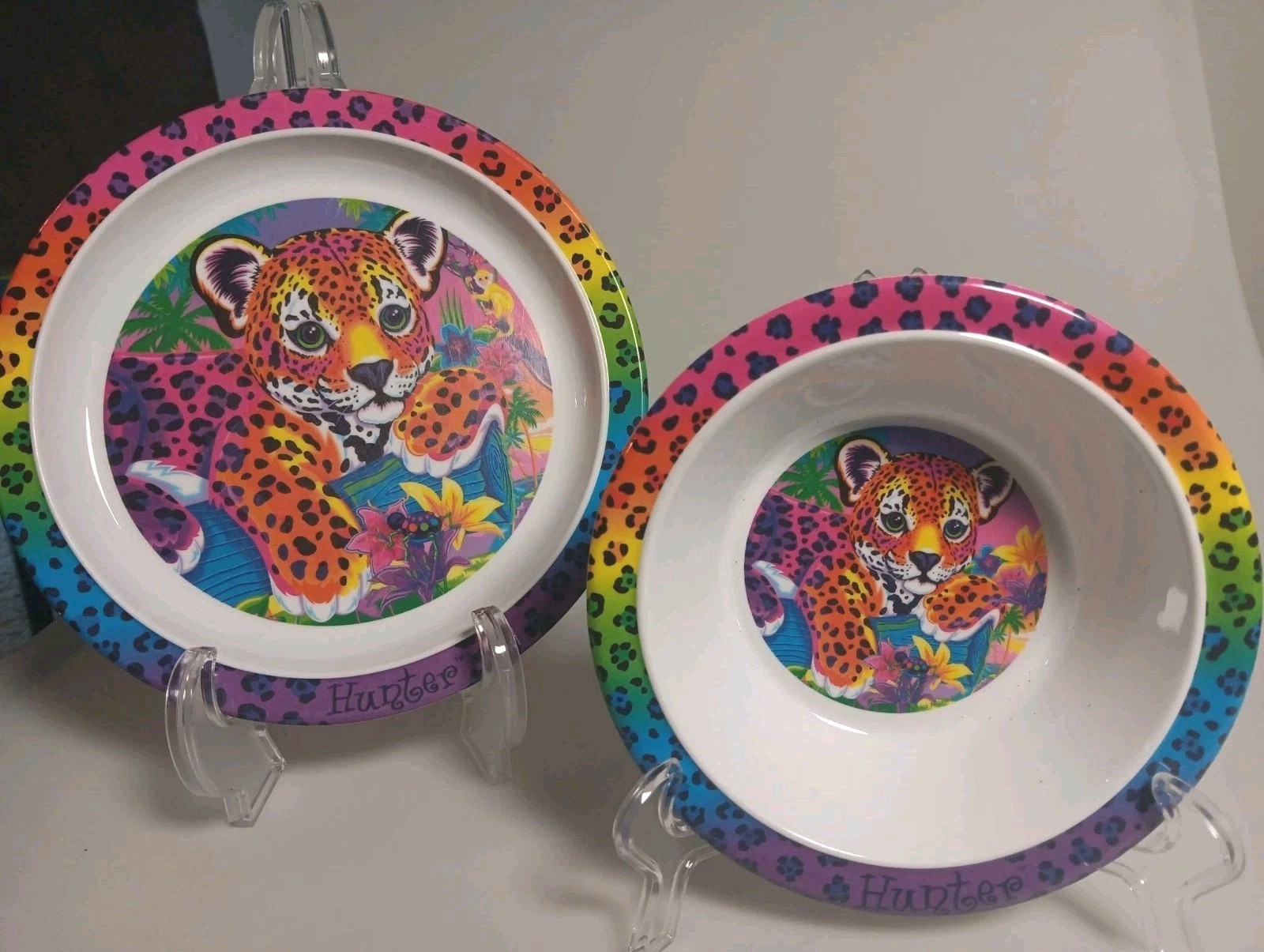 Vintage 1990s Original Lisa Frank Hunter Cheetah Dinnerware Set Plate & Bowl EXC