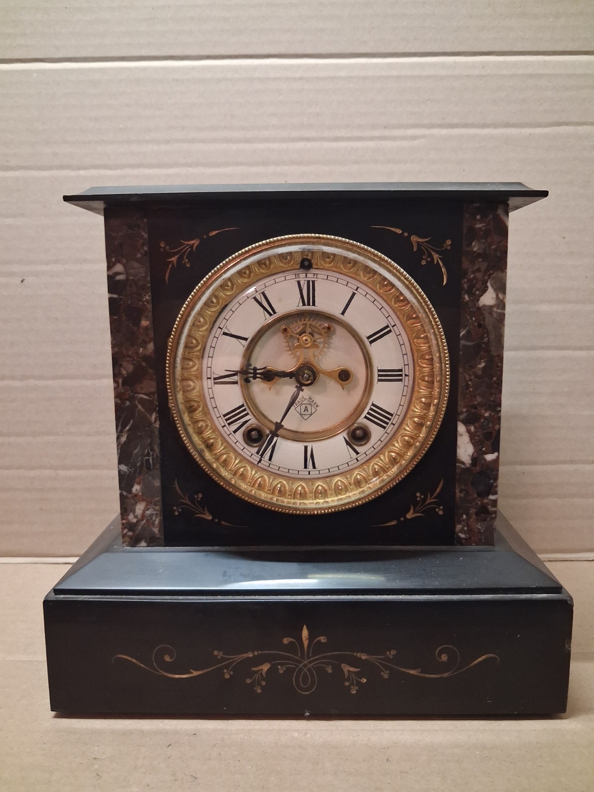 Antique Ansonia Black Mantel Clock Open Escapement Marble 8 Day Gong Antique Ansonia Black Mantel Clock Open Escapement Marble 8 Day Gong