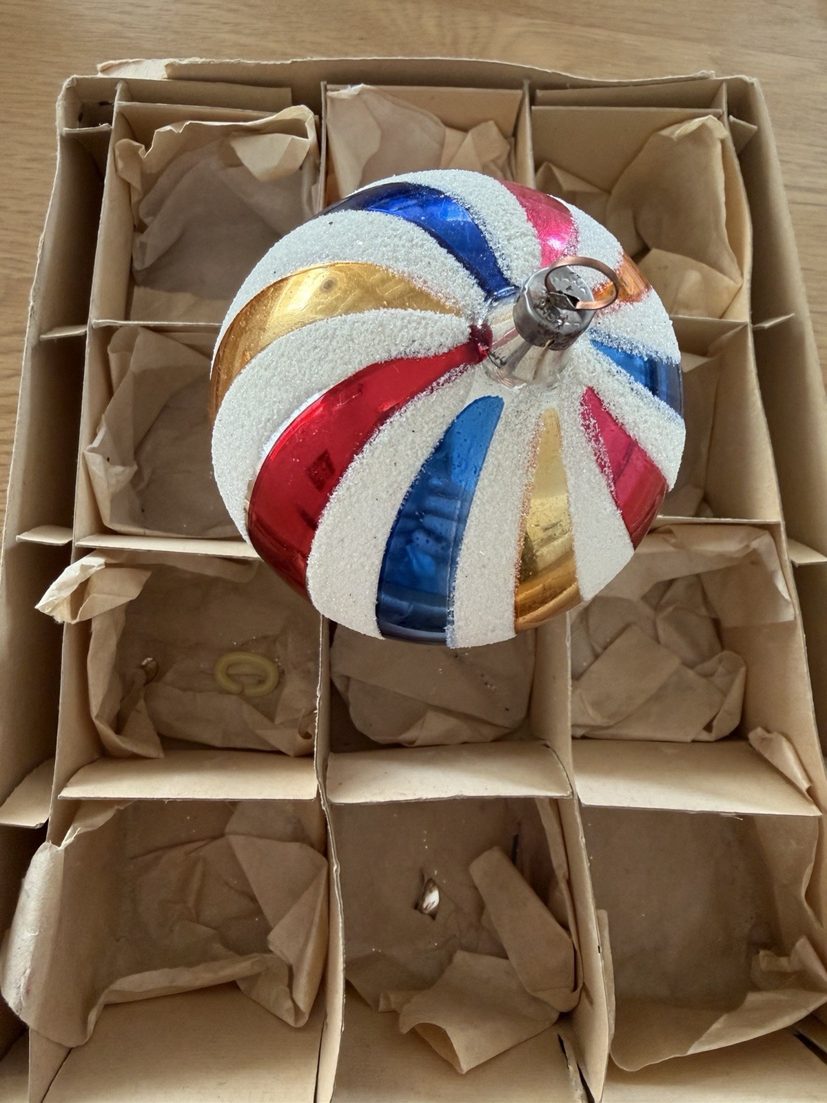 Vintage Large Stripe Glass Mica Christmas Ornament ( No Box )