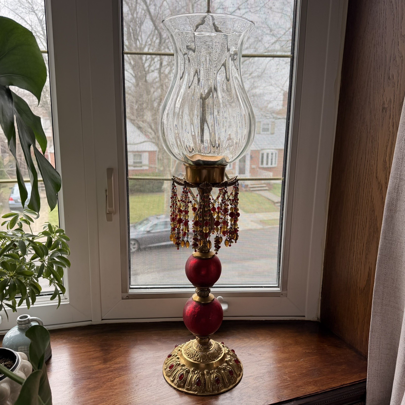 Rare VNTG Bombay Brass & Ruby Red Candle Holder with Red Prisms Red Gems 28\ Rare VNTG Bombay Brass & Ruby Red Candle Holder with Red Prisms Red Gems 28\