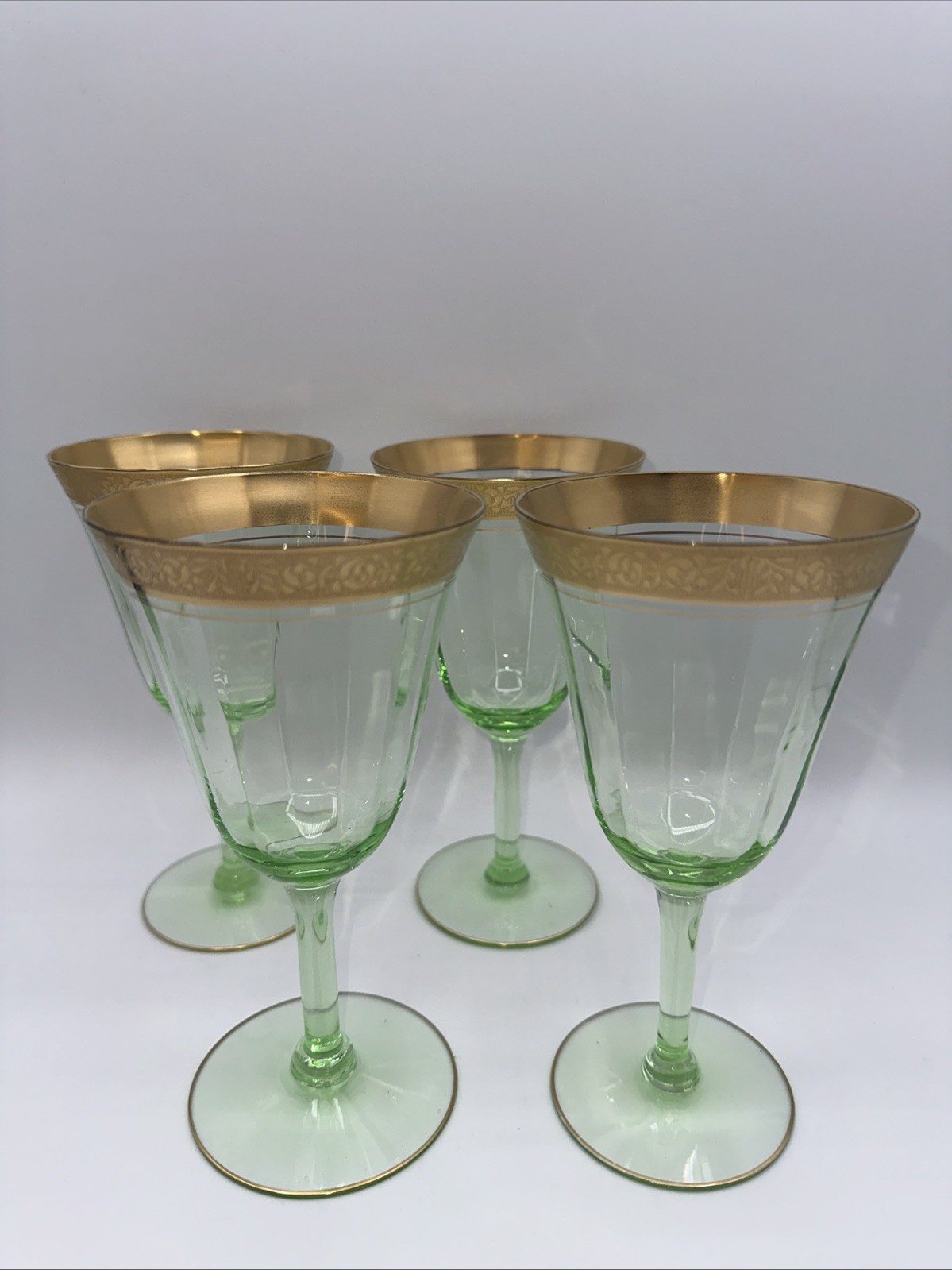VTG TIFFIN “MINTON GREEN” URANIUM GREEN SWIRL GOLD RIM GOBLETS - 4PC *MINT