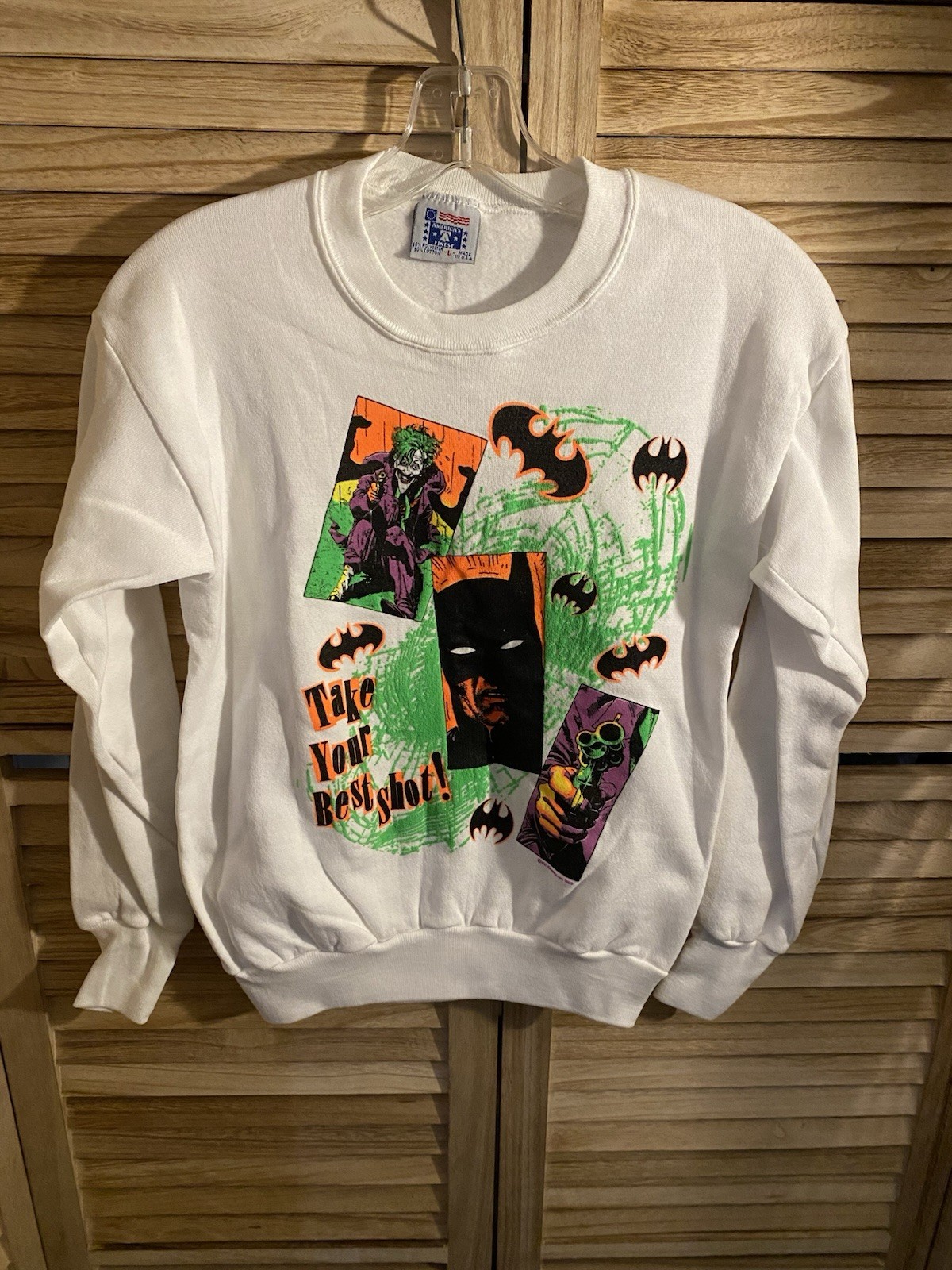 VINTAGE 80\'s Batman Joker Sweatshirt Boys Size L America\'s Finest Florescent NEW VINTAGE 80\'s Batman Joker Sweatshirt Boys Size L America\'s Finest Florescent NEW