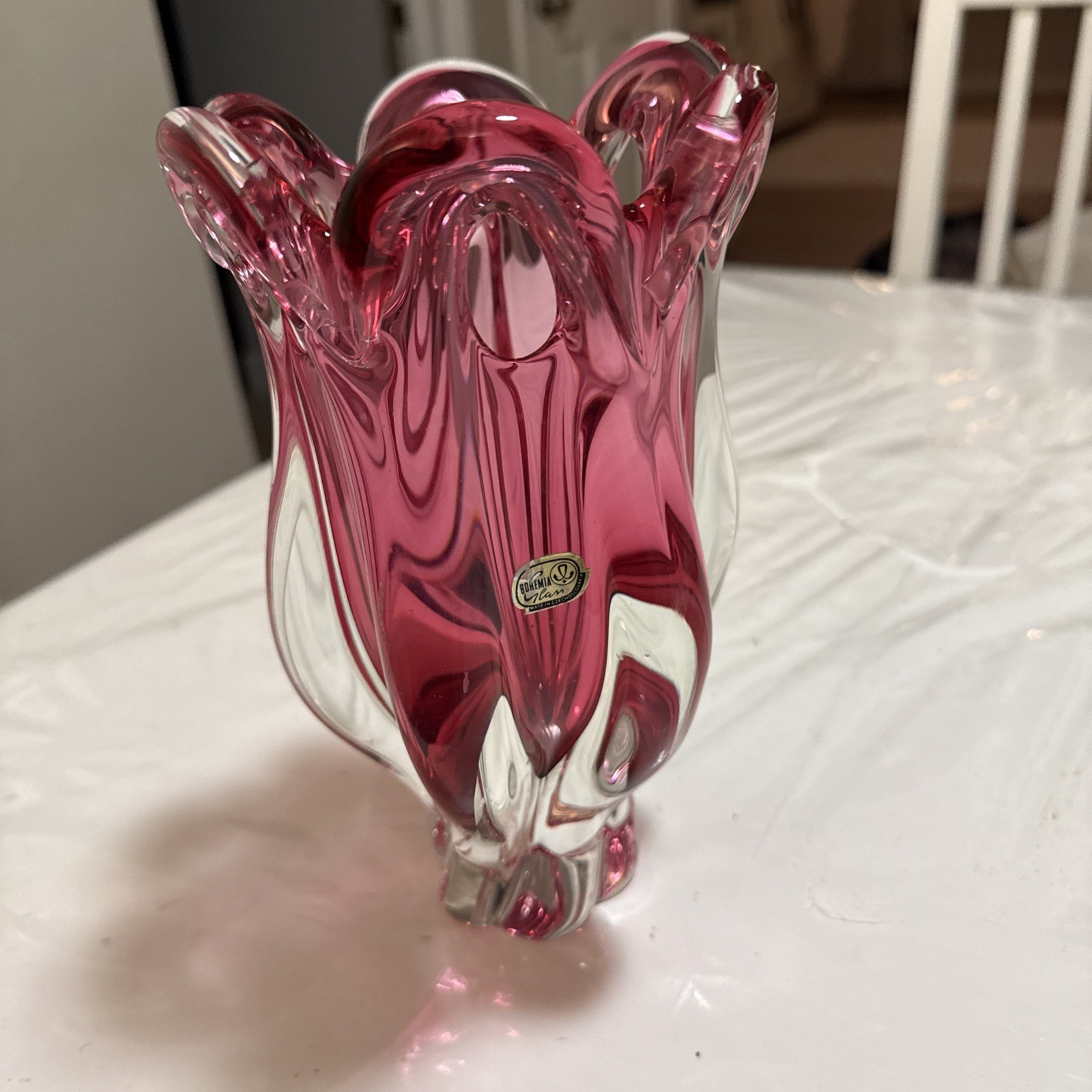 Vintage Josef Hospodka Cribaska Blown Glass Cranberry Vase Czechoslovakia 9”