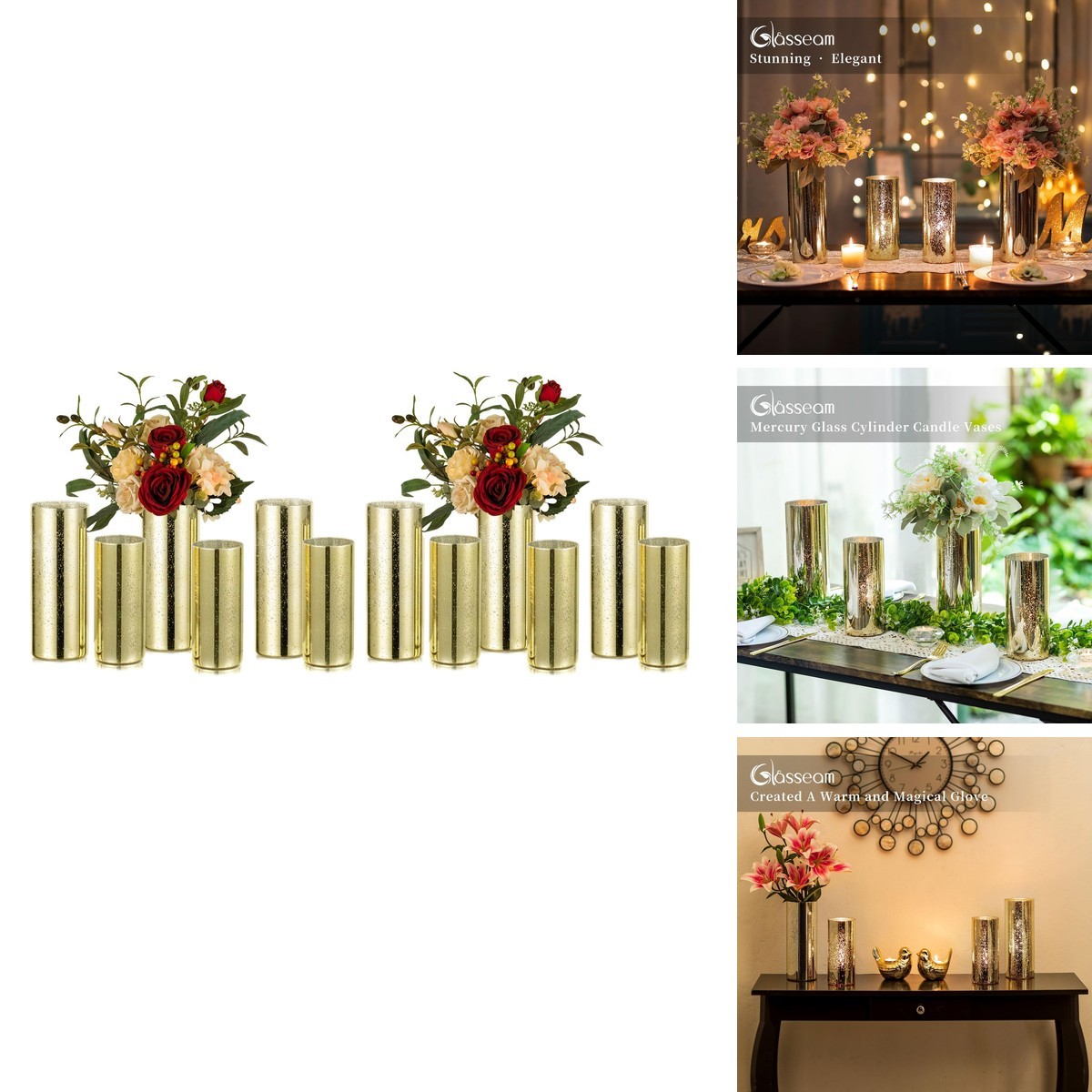 Glasseam Gold Cylinder Vases 12 Pcs Hurricane Glass for Centerpieces