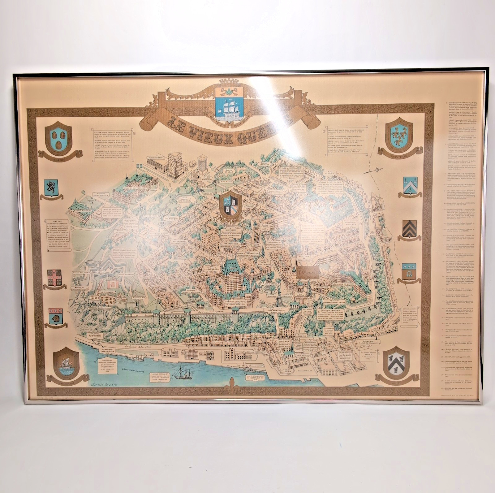 Large Old Quebec Map Framed Art Signed Mariette Boivin 39x28 Wall Decor