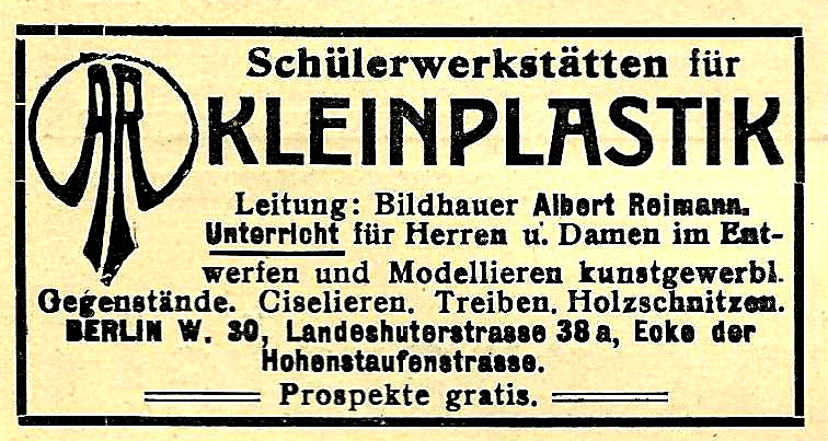 Advertisement 1907: STUDENT WORKSHOPS FOR SMALL SCULPTURE/ALBERT REIMANN-BERLIN