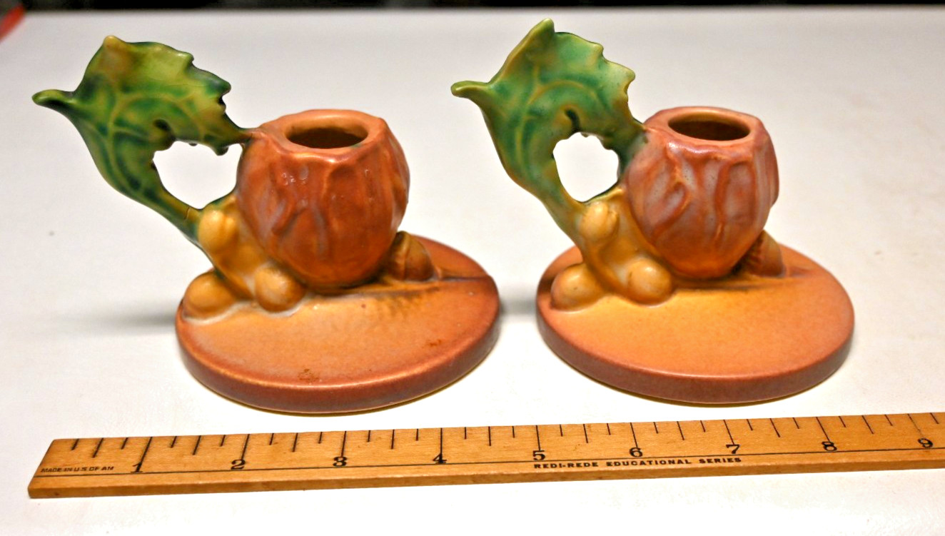 Vintage 1930s Roseville Pottery 1129 Poppy Pattern Ceramic Candle Holders