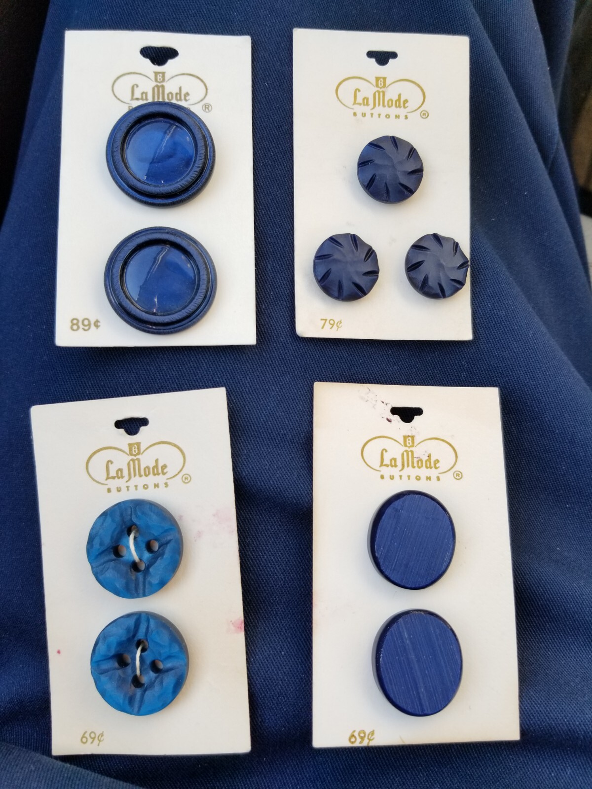 Vintage 1950s La Mode Buttons Lot of 4 Cards Blue Navy New Old Stock Italy 