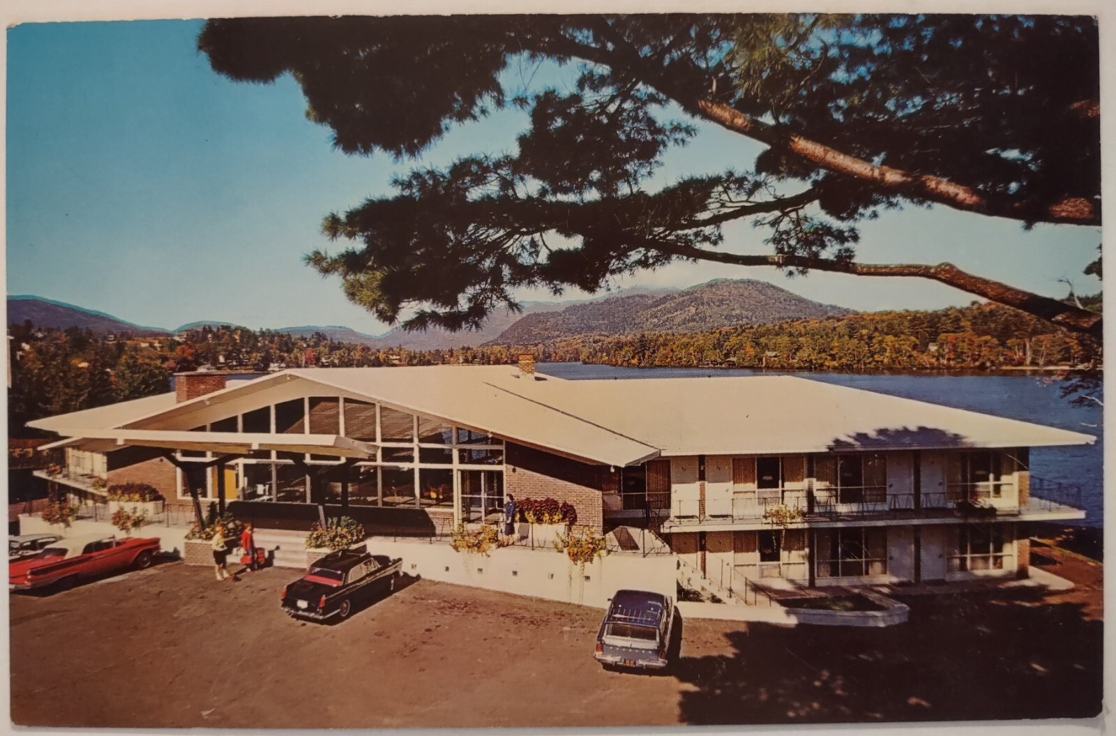 Vintage Golden Arrow Motor Hotel Lake Placid New York Chrome Postcard NY Cars