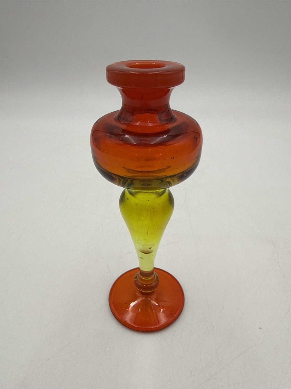 Vintage Blenko 722M Amberina Red Orange Yellow Art Glass Candle Holder MCM 5.5in